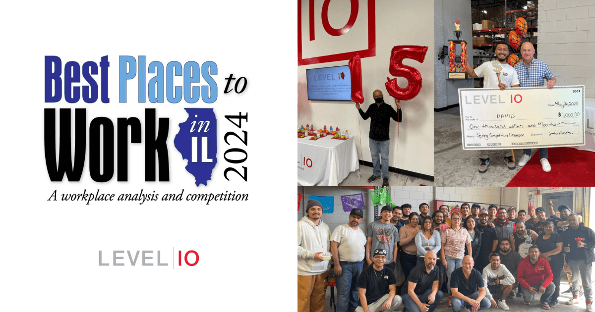 Best Places to Work in Illinois 2024 logo and Level 10 logo, photos of Level 10 employee-owners